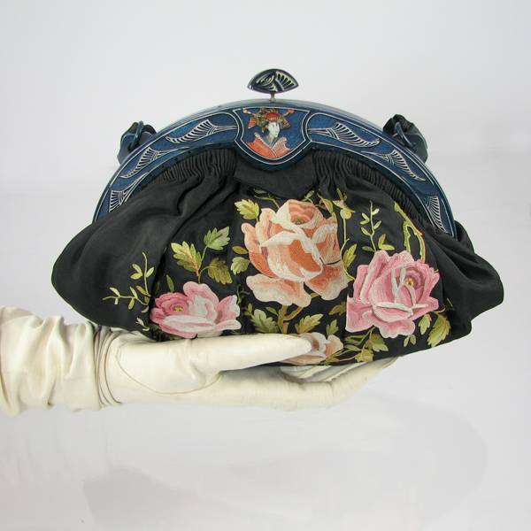 Tuber Rose Embroidery, French Antique Handbag