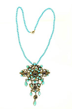 Load image into Gallery viewer, Vintage Gold and Turquoise Cross on turquoise beaded necklace