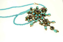 Load image into Gallery viewer, Vintage Gold and Turquoise Cross on turquoise beaded necklace