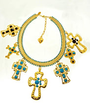 Load image into Gallery viewer, Vintage, Turquoise and Gold, 7-Cross Necklace