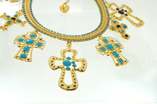 Load image into Gallery viewer, Vintage, Turquoise and Gold, 7-Cross Necklace