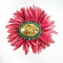 Load image into Gallery viewer, Hand-tooled Silk Chrysanthemum, beaded Cameo Brooch