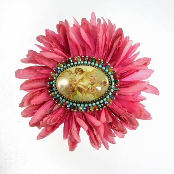 Hand-tooled Silk Chrysanthemum, beaded Cameo Brooch