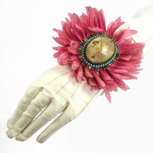 Load image into Gallery viewer, Hand-tooled Silk Chrysanthemum, beaded Cameo Brooch