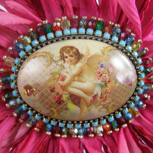 Load image into Gallery viewer, Hand-tooled Silk Chrysanthemum, beaded Cameo Brooch