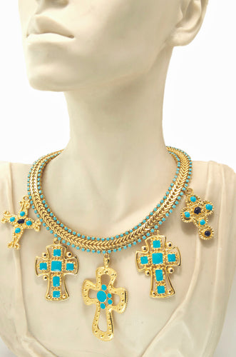 Gold Cross, Turquoise enamelled necklace