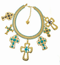 Load image into Gallery viewer, Gold Cross, Turquoise enamelled necklace