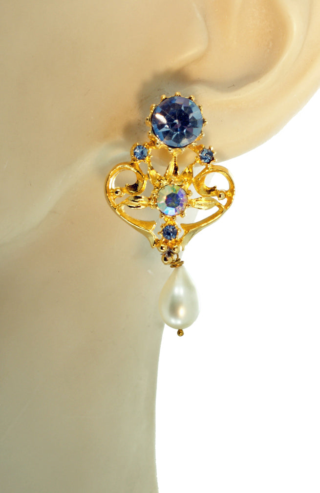 Blue Crystal and Pearl Earrings