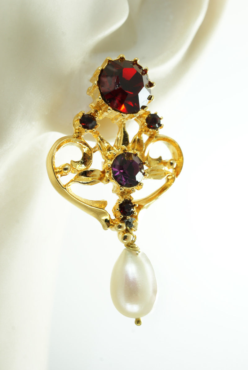 Ruby, Amethyst Crystal and Pearl Earrings