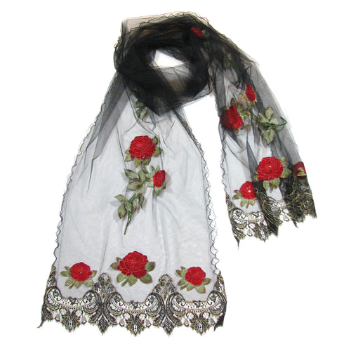 Black Lace Shawl with Appliqué Flowers