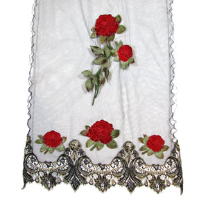 Black Lace Shawl with Appliqué Flowers