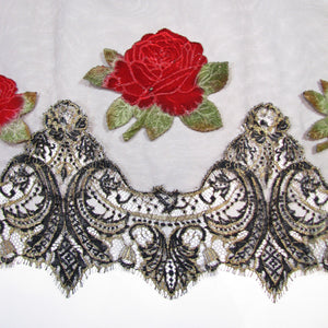 Black Lace Shawl with Appliqué Flowers
