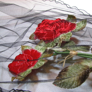 Black Lace Shawl with Appliqué Flowers