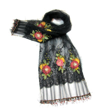 Load image into Gallery viewer, Black Lace Shawl with Orange Appliqué Flowers