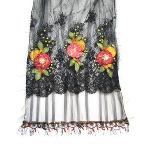 Black Lace Shawl with Orange Appliqué Flowers