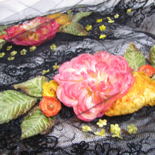 Load image into Gallery viewer, Black Lace Shawl with Orange Appliqué Flowers