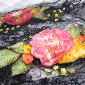Black Lace Shawl with Orange Appliqué Flowers