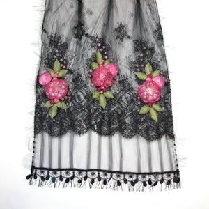 Black Lace Shawl with Orange Appliqué Flowers
