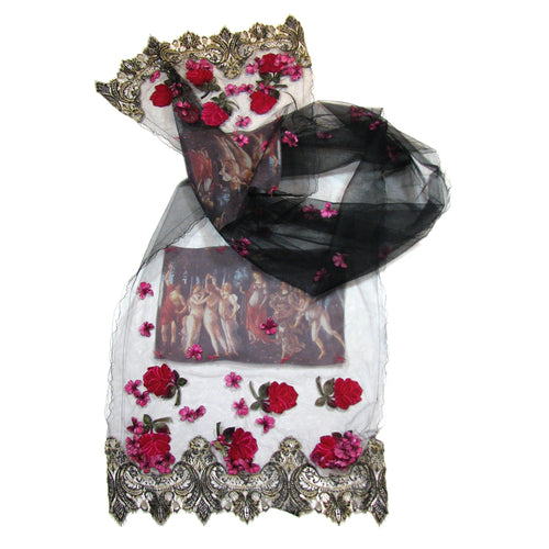 Botticelli Print Lace Scarf with Appliqué Flowers